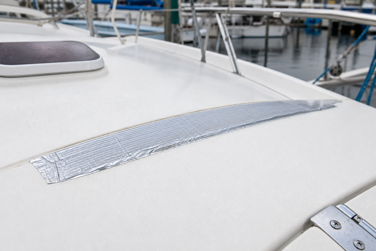 Butyl tape sealing a deck seam on a fiberglass boat
