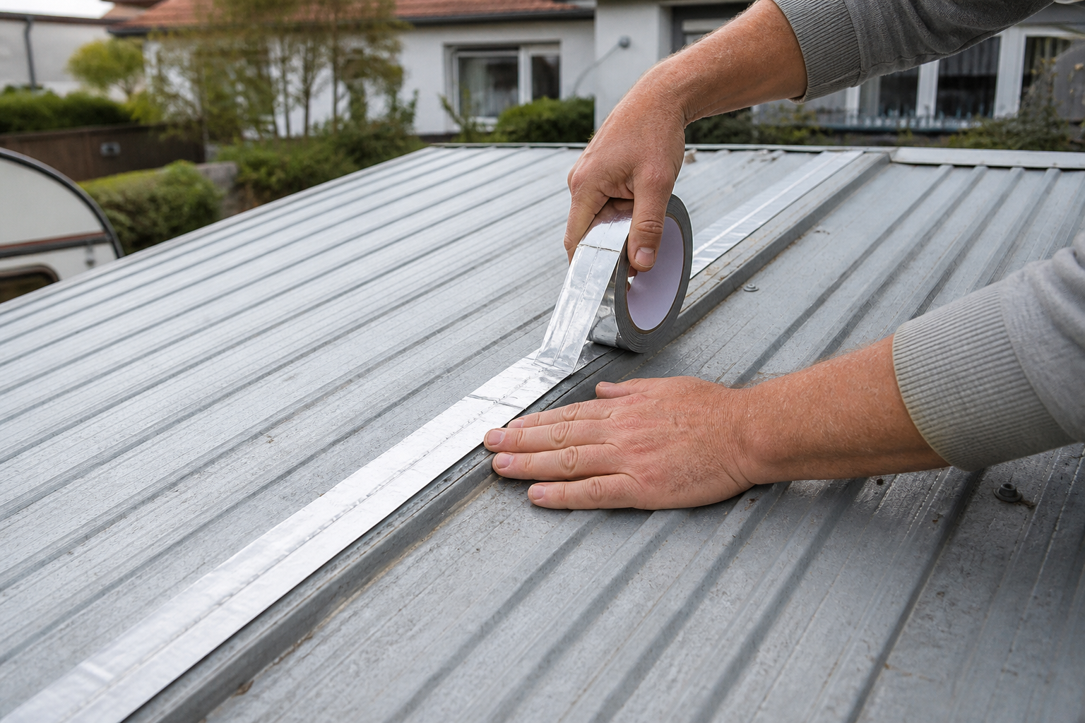 Butyl tape on a garden shed corrugated metal roof