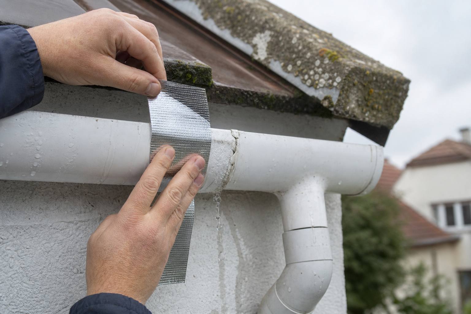 Silver butyl tape sealing a leaking gutter joint