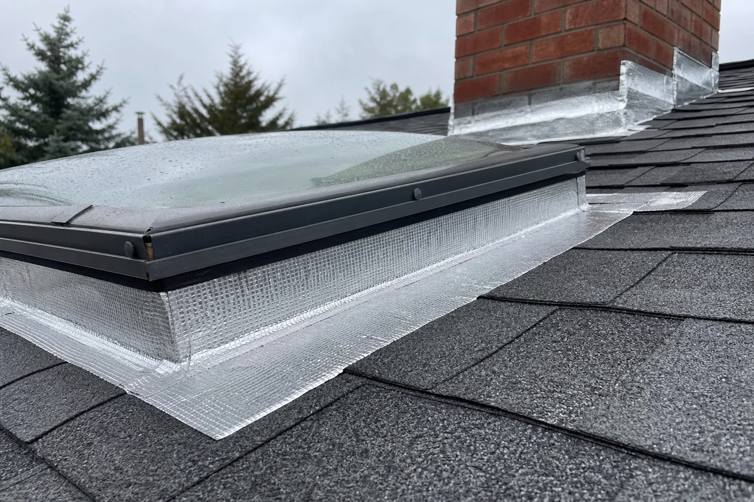 Butyl tape flashing around a roof skylight curb
