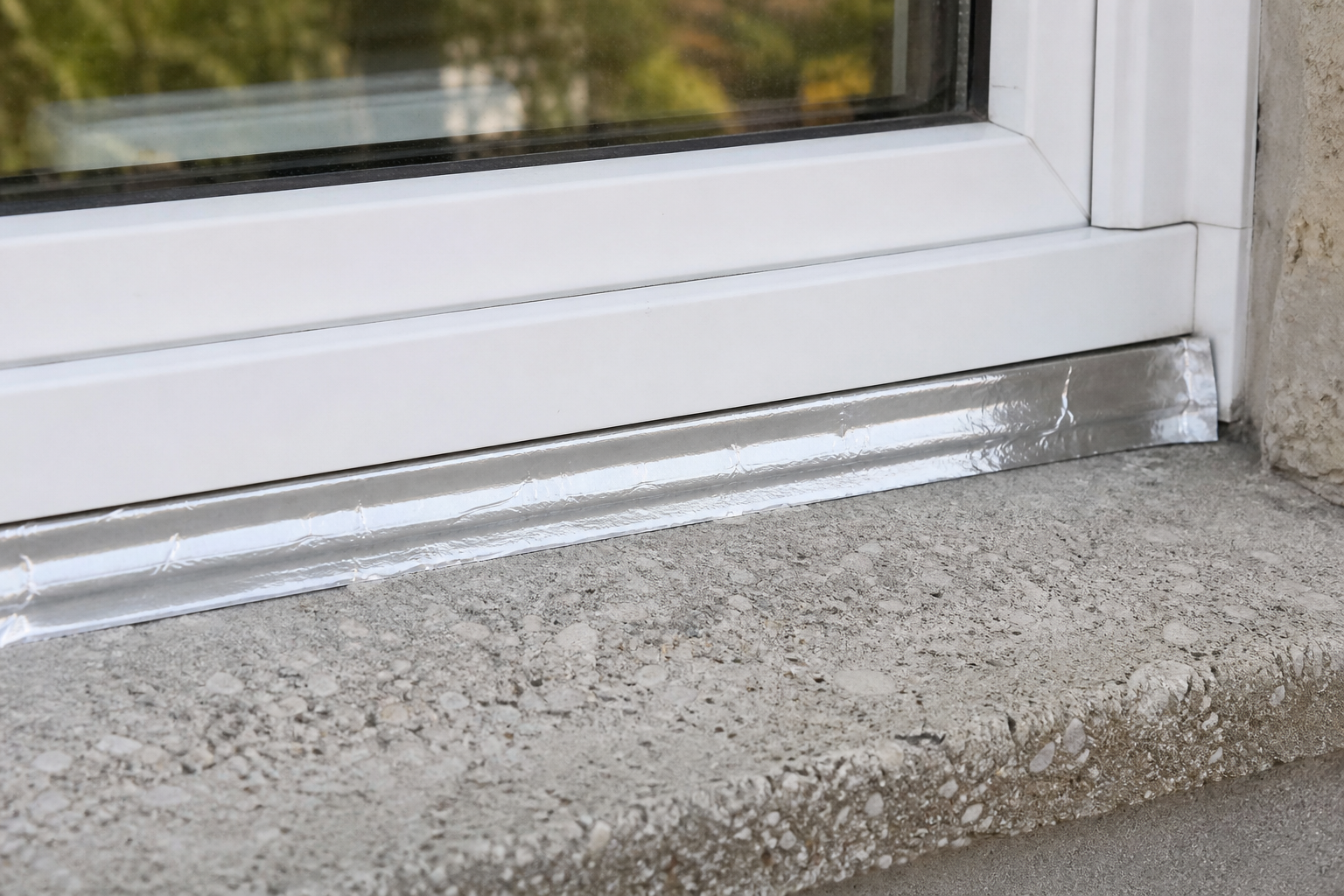 Butyl tape applied to the bottom of a window frame exterior