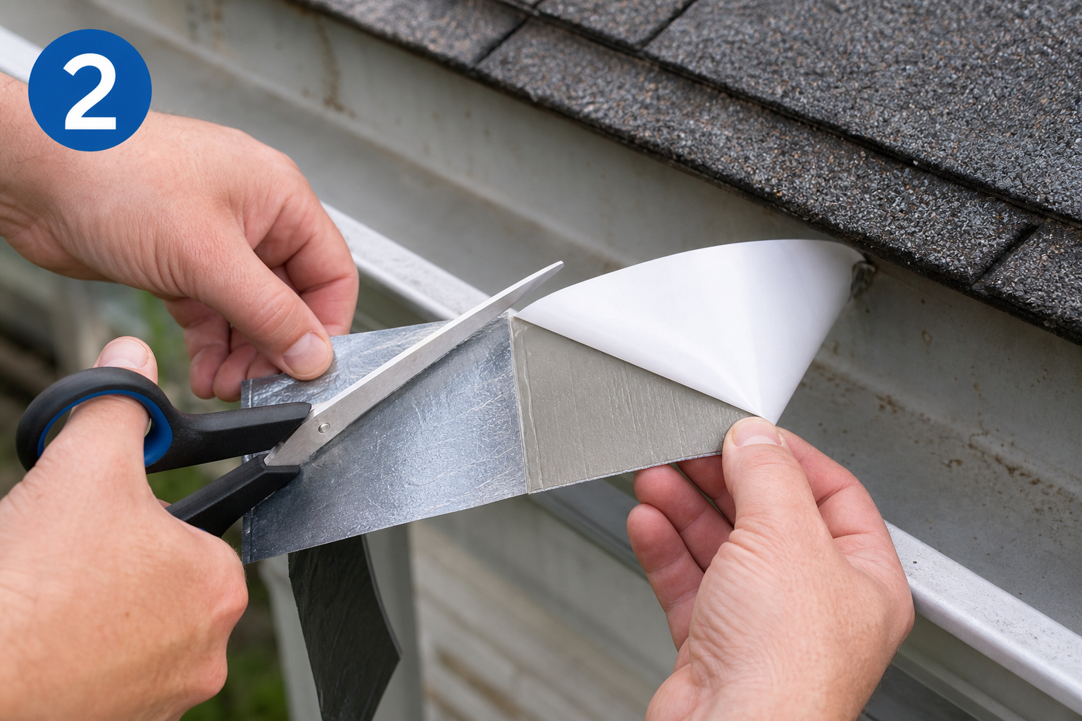 Peeling the backing off silver aluminium butyl tape