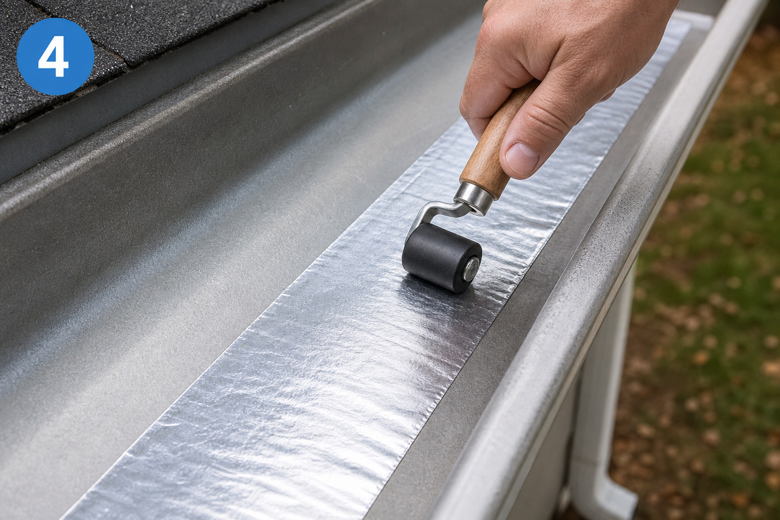 Rolling butyl tape firmly with a hand roller for a watertight seal